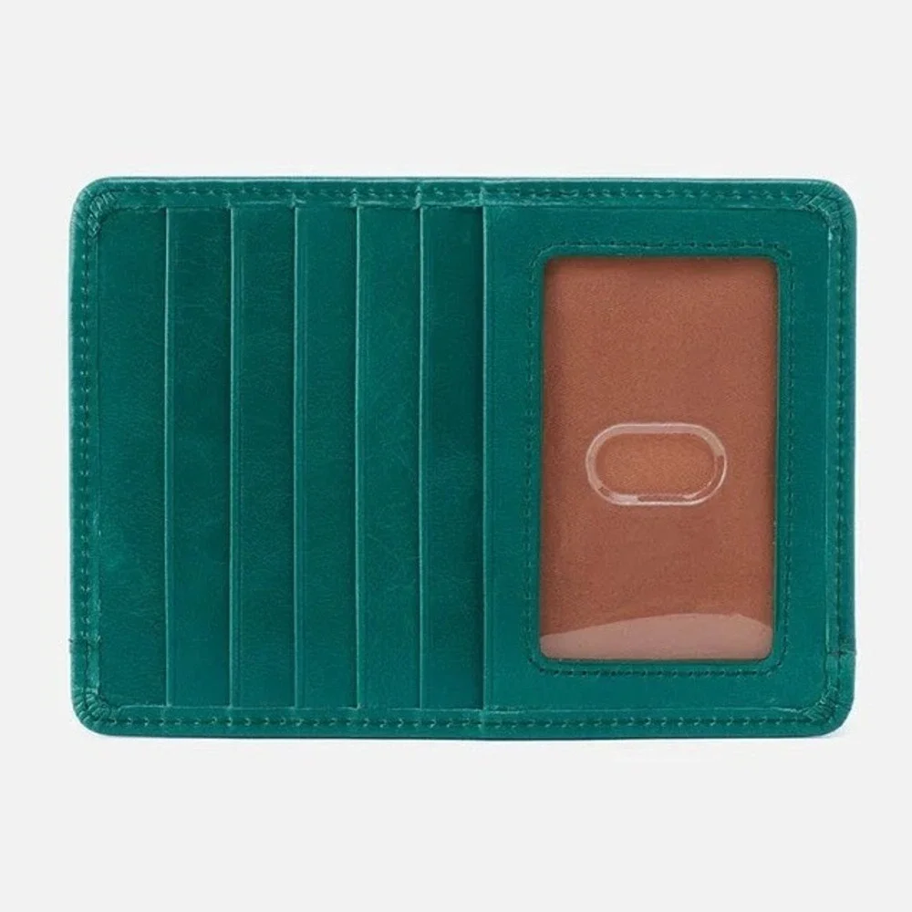 Hobo Euro Slide Card Case Holder Slim Zipper ID Window Green Leather Wallet